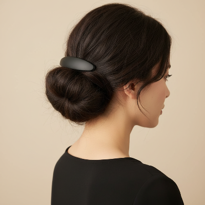 barrette pour cheveux noire chignon bas cheveux fonces profil