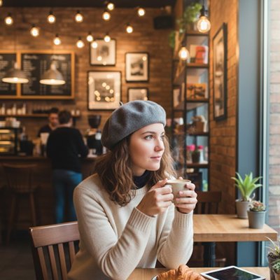 béret-femme-gris-cafe-cosy-guirlandes-lumineuses