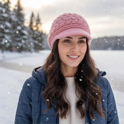 béret-femme-rose-tricote-visiere-paysage-enneige