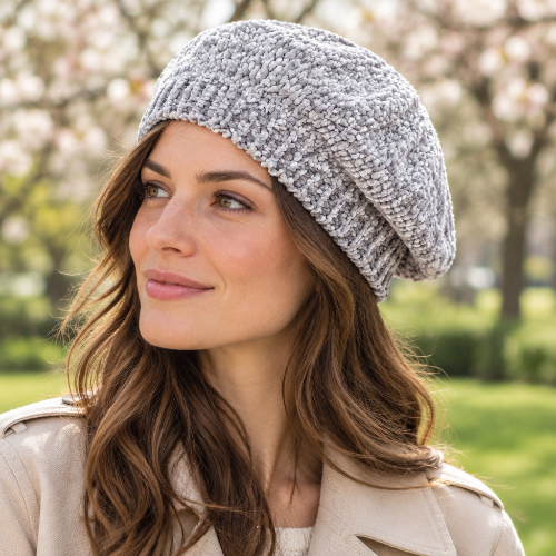 Béret gris clair en chenille porte par une femme en veste beige dans un parc printanier