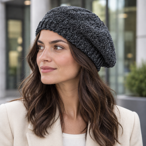 Béret gris fonce en chenille porte par une femme brune en blazer creme devant un batiment de bureaux