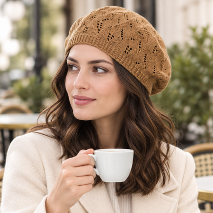 Béret parisien chameau porte par une femme brune en veste creme tenant une tasse sur une terrasse de cafe