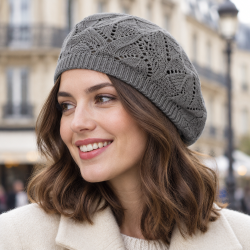 Béret parisien femme gris porte par une femme en manteau ecru dans une rue parisienne