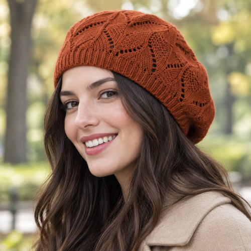 Béret parisien femme rouge brique porte par une femme en manteau beige dans un parc