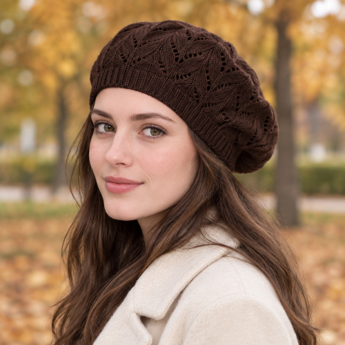 Béret parisien marron profond porte par une femme en manteau ecru dans un parc automnal