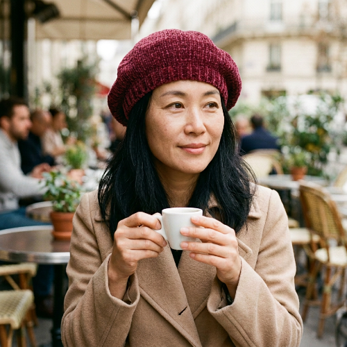 Béret rouge bordeaux en chenille porte par une femme asiatique en manteau beige tenant une tasse sur une terrasse de cafe