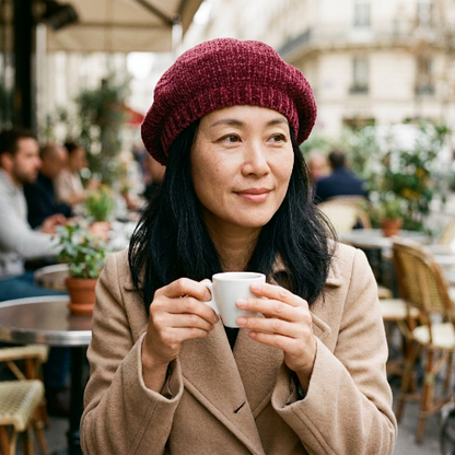 Béret rouge bordeaux en chenille porte par une femme asiatique en manteau beige tenant une tasse sur une terrasse de cafe