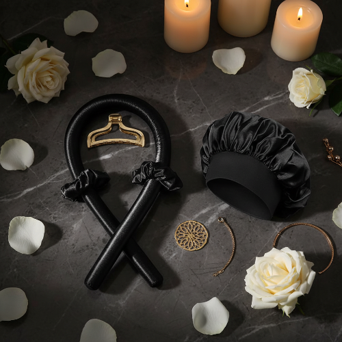 Bigoudis boucles bonnet satin noir femme kit complet nuit