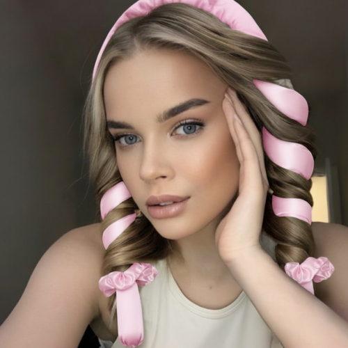 Bigoudis boucles bonnet satin rose femme blonde