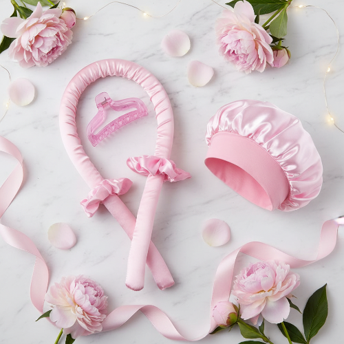 Bigoudis boucles kit rose bonnet satin sans chaleur nuit