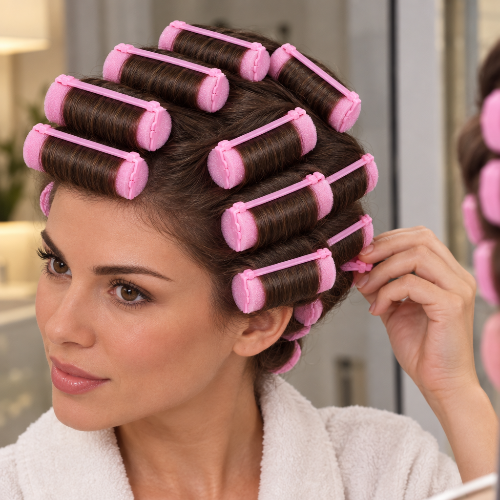 Bigoudis en mousse femme posant un bigoudi rose sur ses cheveux enroules