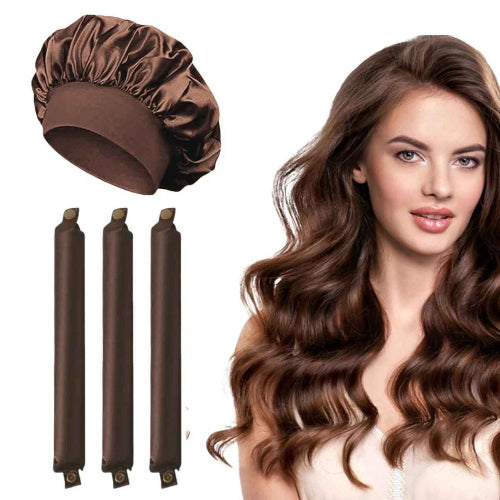Bigoudis en satin marron lot trois rouleaux bonnet et cheveux ondules