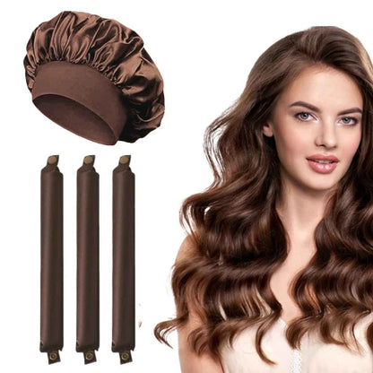 Bigoudis en satin marron lot trois rouleaux bonnet et cheveux ondules