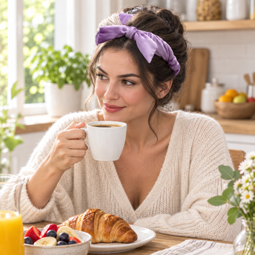 bigoudis en velours violet portes par une femme au petit dejeuner