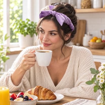 bigoudis en velours violet portes par une femme au petit dejeuner