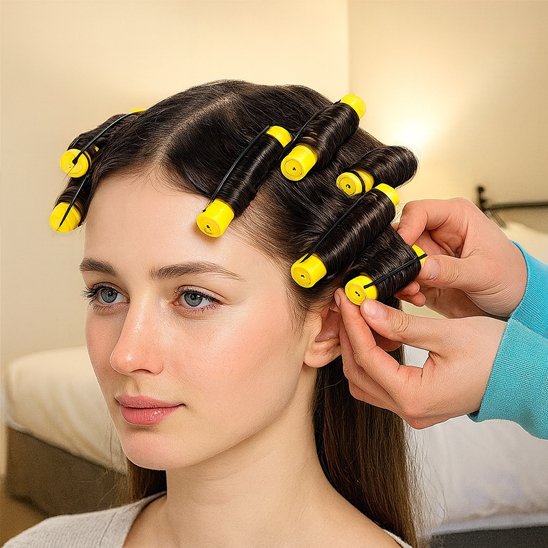 bigoudis-jaune-cheveux-noir-coiffure-boucles-femme-maison
