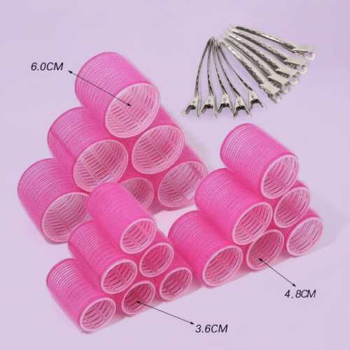 Bigoudis roses avec dimensions fond lavande