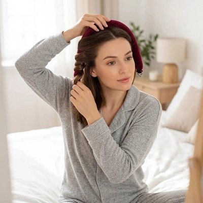 Bigoudis sans chaleur bandeau rouge coiffure boucles femme