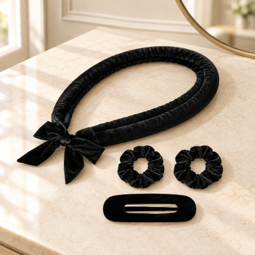 Bigoudis sans chaleur kit noir pose a plat avec deux chouchous et pince