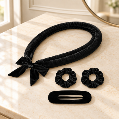 Bigoudis sans chaleur kit noir pose a plat avec deux chouchous et pince