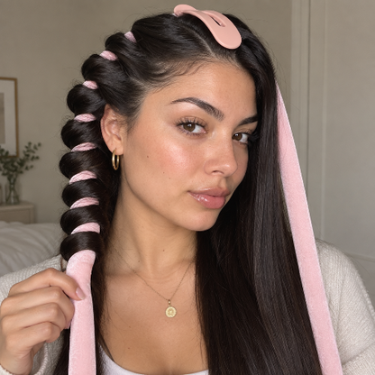 Bigoudis sans chaleur rose cheveux enroules d un cote et lisses de l autre