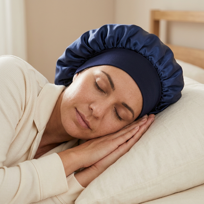 Bonnet de nuit bleu marine porte pendant le sommeil