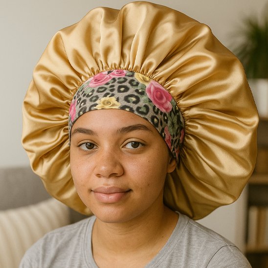 bonnet-de-nuit-en-satin-dore-bande-leopard-fleurs-protection-cheveux-style-confort-elegance