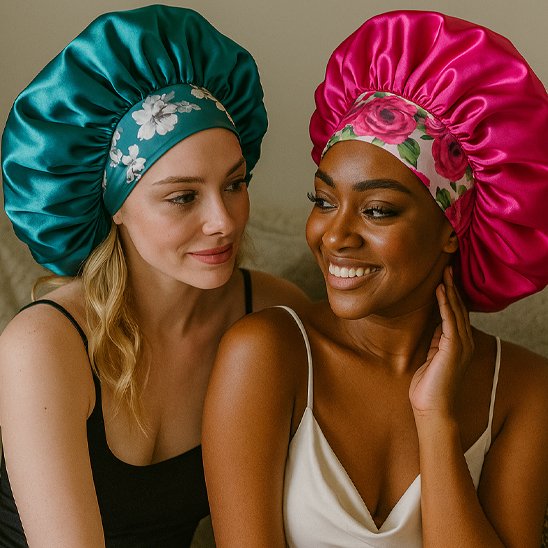 bonnet-de-nuit-en-satin-turquoise-rose-fleurs-protection-cheveux-style-confort-elegance