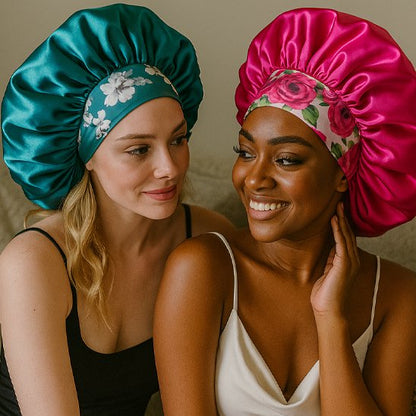 bonnet-de-nuit-en-satin-turquoise-rose-fleurs-protection-cheveux-style-confort-elegance