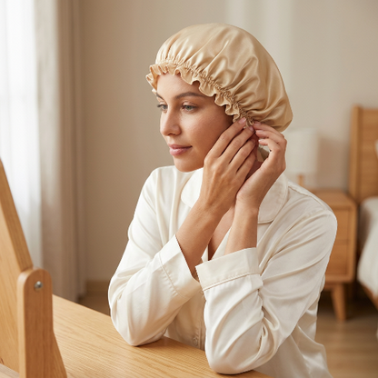 Bonnet de nuit en soie champagne devant la coiffeuse