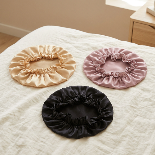 Bonnet de nuit en soie champagne rose noir reunis
