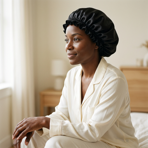 Bonnet de nuit en soie noir porte au reveil