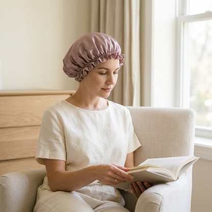 Bonnet de nuit en soie rose pendant la lecture