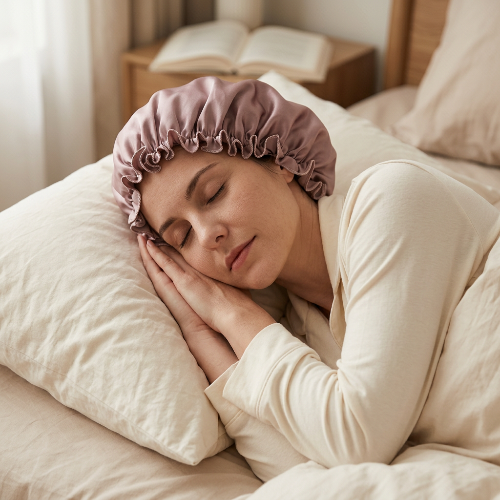 Bonnet de nuit en soie rose porte en dormant