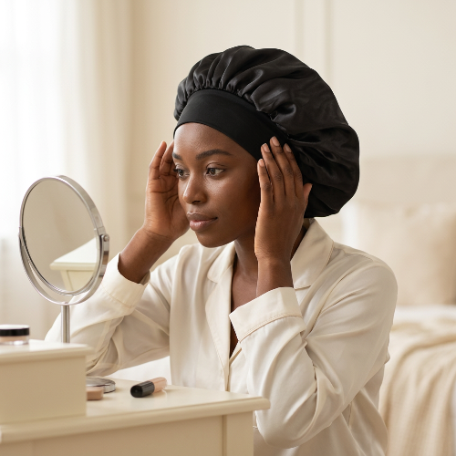 Bonnet de nuit noir ajuste devant la coiffeuse