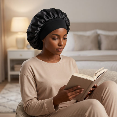 Bonnet de nuit noir porte pendant la lecture