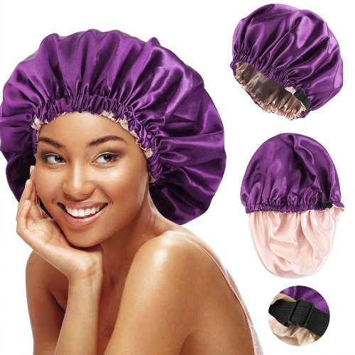 Bonnet de nuit violet porte avec details du reglage