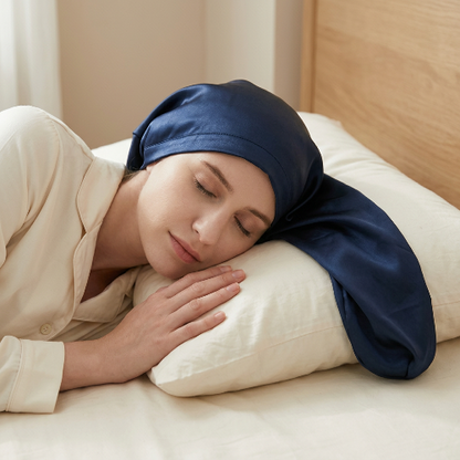 Bonnet de soie long bleu porte pendant le sommeil