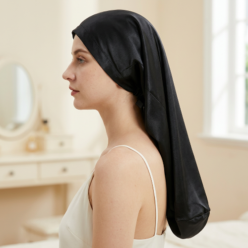 Bonnet de soie long noir porte de profil