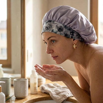 Bonnet en satin argente protege la routine du matin