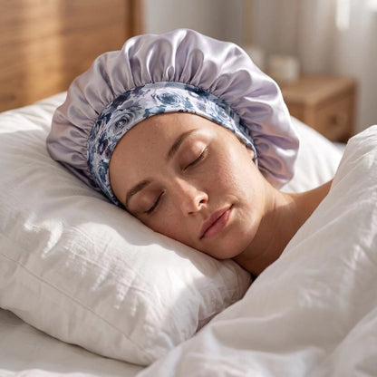 Bonnet en satin argente sommeil profond cheveux proteger