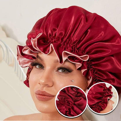 bonnet-en-satin-bordeaux-volant-interieur-rose-protection-cheveux-nuit-style-elegant
