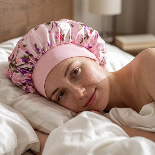 Bonnet en satin cheveux rose floral femme allonger sur son lit