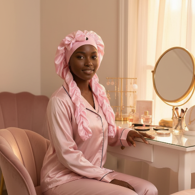 Bonnet en satin cheveux rose mannequin decor chambre