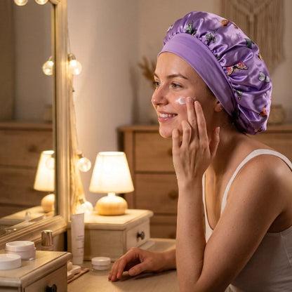 Bonnet en satin cheveux violet papillon femme seance de beaute nuit