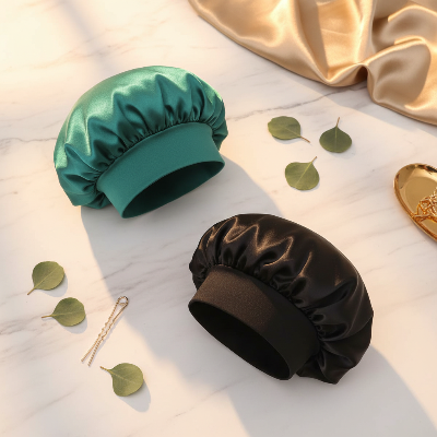 Bonnet en satin deux couleur noir vert emeraude