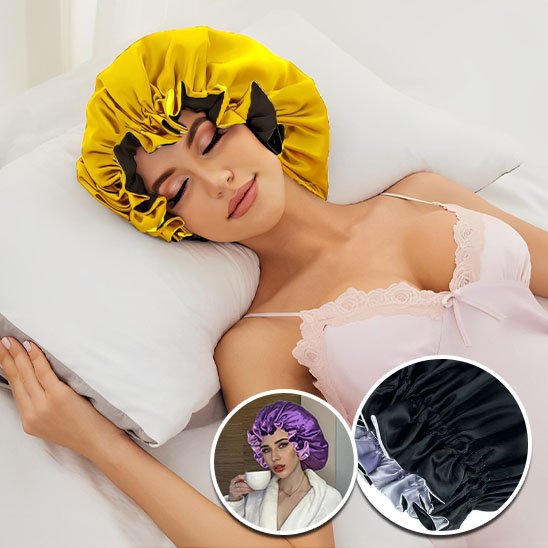 bonnet-en-satin-jaune-noir-confort-nuit-protection-cheveux-style-doux-elegant