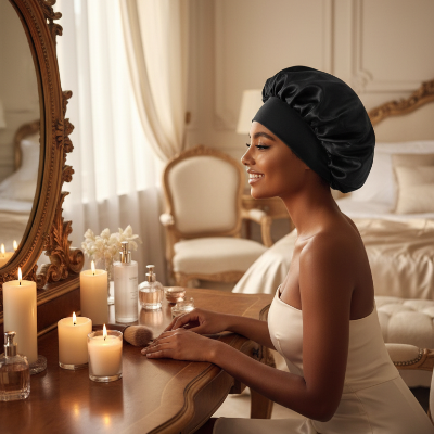Bonnet en satin noir femme devant sa coiffeuse
