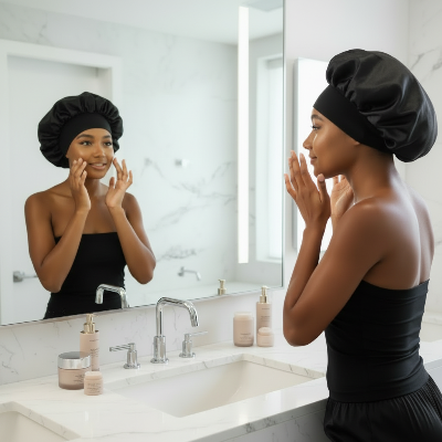 bonnet en satin noir salle de bain routine skincare