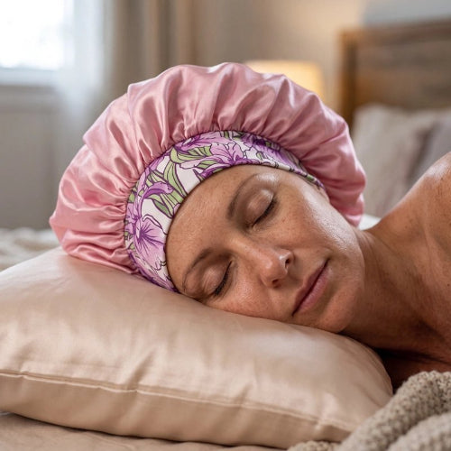 Bonnet en satin rose cheveux boucles nuit